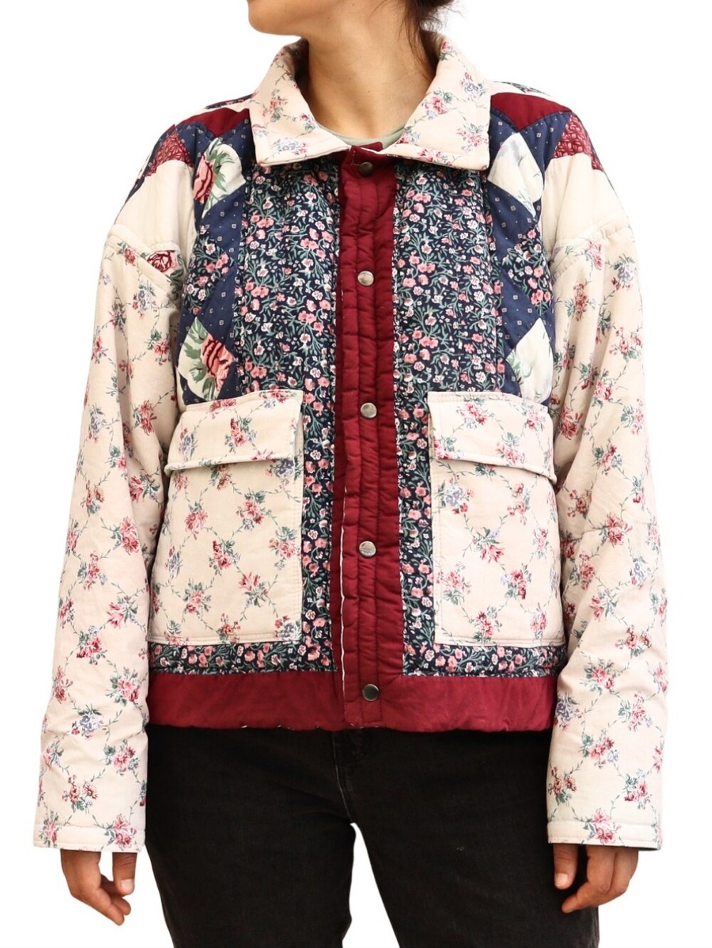Upcycled Patchwork Quilt Coat Cream Burgundy Navy Floral L • XL